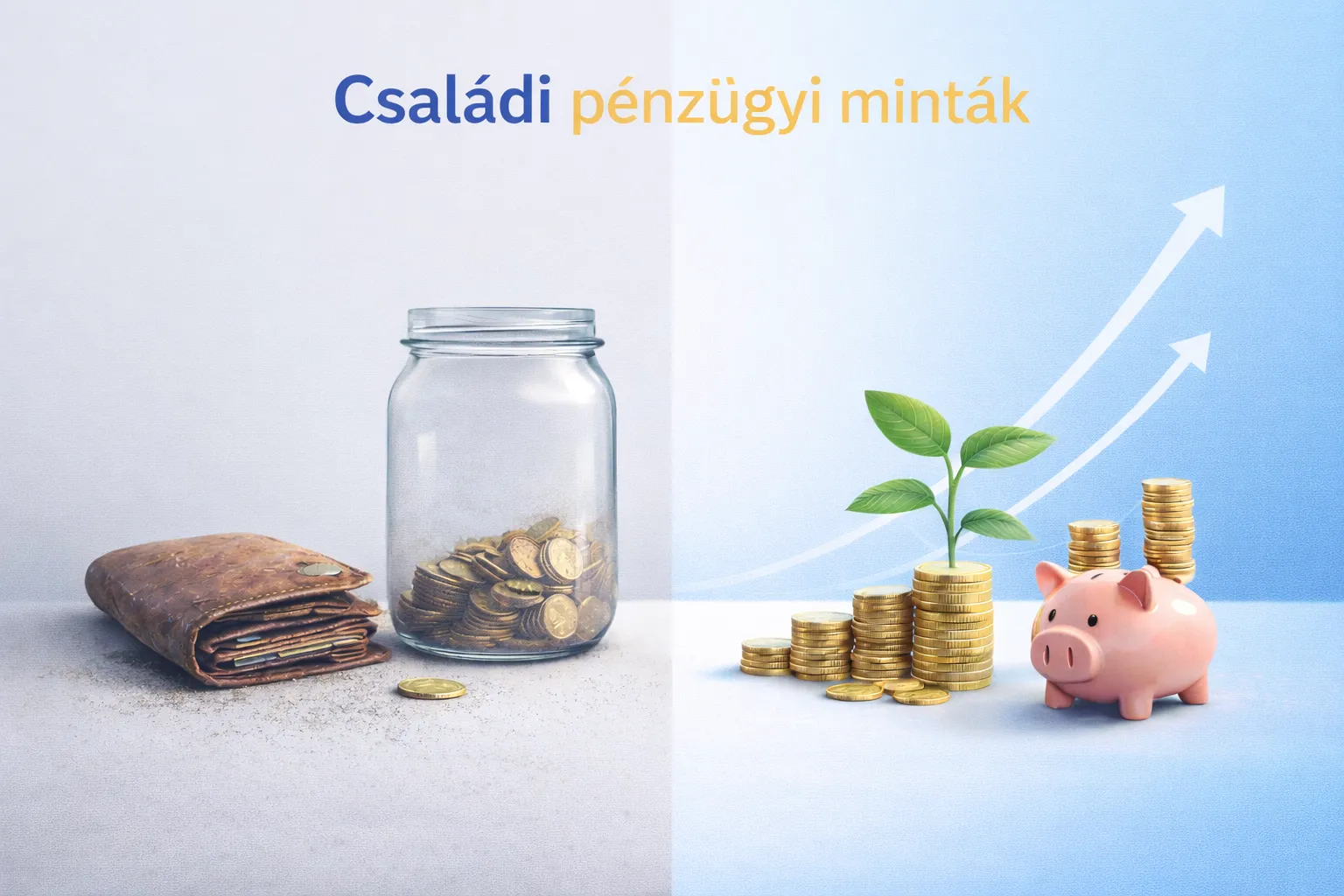 Családi pénzügyi minták: régi pénztárca, befőttesüveg, malacpersely és növekvő pénzoszlopok