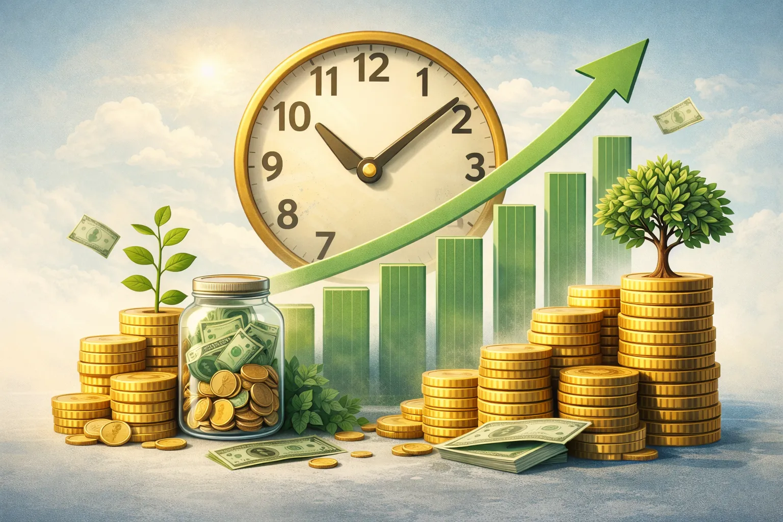 Kamatos kamat illusztráció órával, növekvő oszlopokkal és pénzhalmokkal