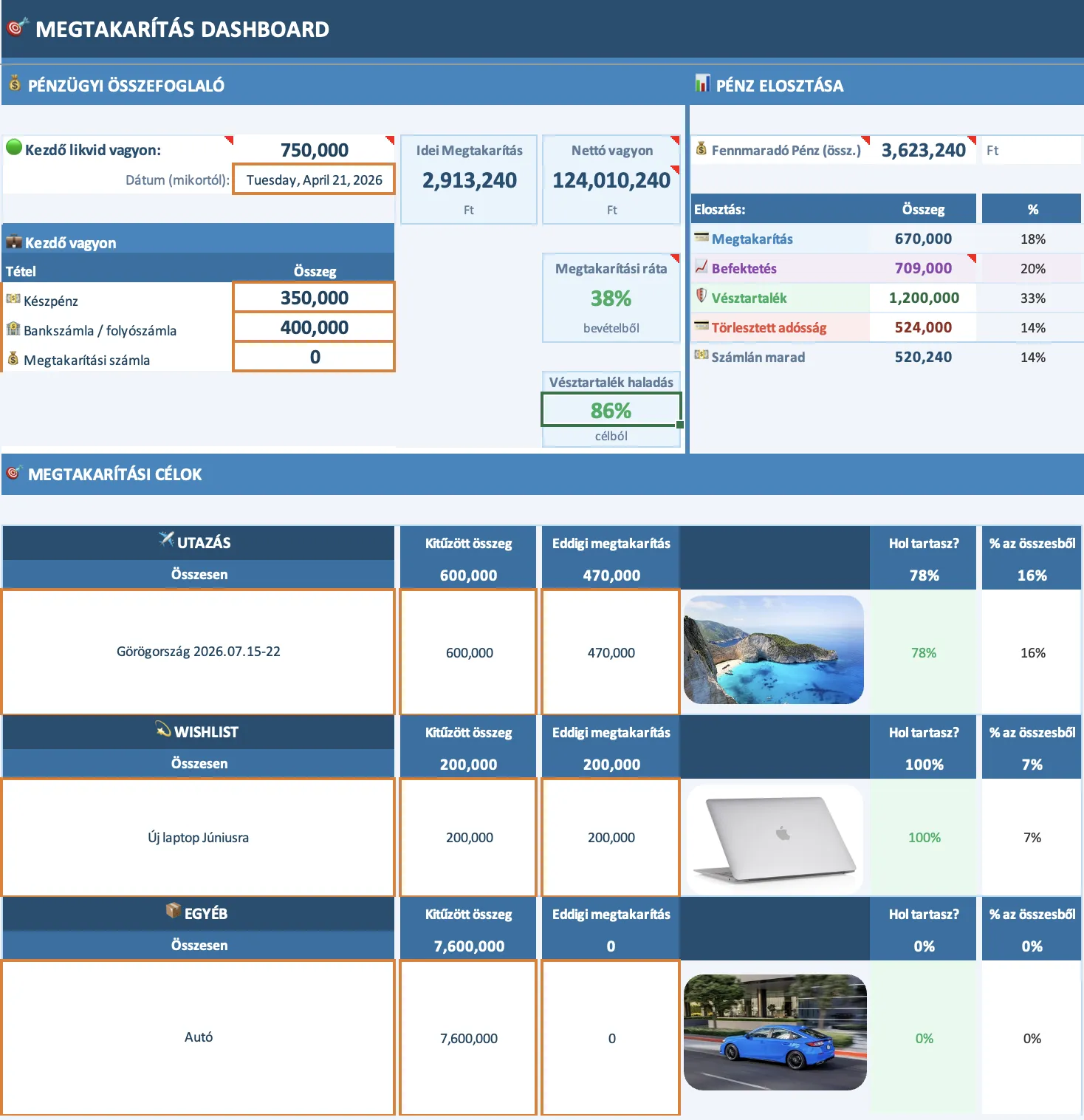 Megtakarítás dashboard és célok képernyőképe